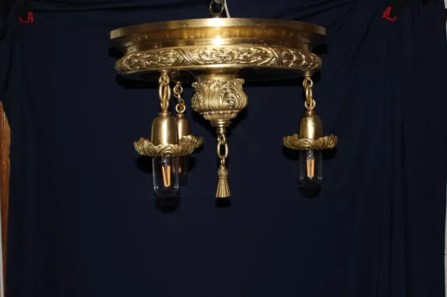 Antique 1912 Solid Brass Victorian Era Flush w/ 3 Pendant Ceiling Light Fixture