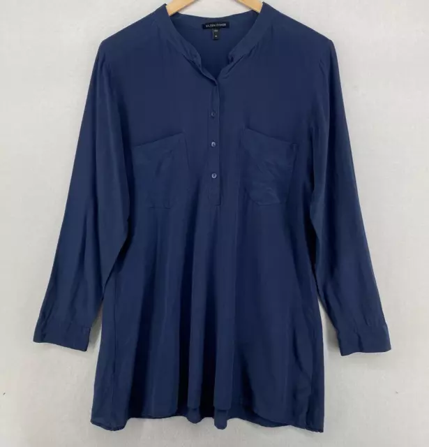 EILEEN FISHER Blouse M Silk Crepe de Chine Tunic Top Popover Long Sleeve Blue