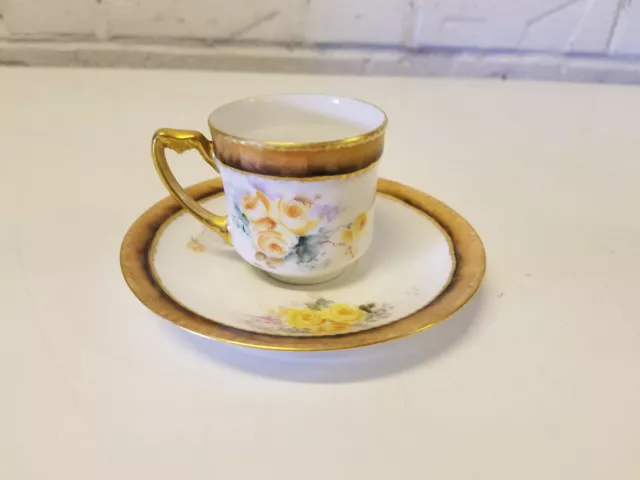Antique Haviland Limoges Porcelain Demitasse Cup & Saucer w/ Handpainted Florals