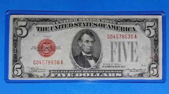 1928 C $5 Usn Legal Tender, Red Seal Vf. Circ. ! Nice !