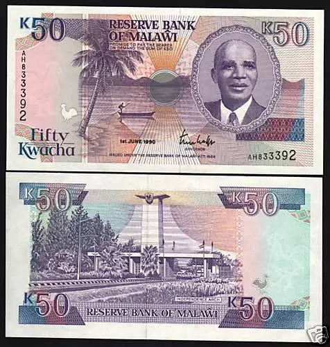 Malawi 50 Kwacha P28 A 1990 Dr. Banda Boat Rooster Unc Rare Money Bank Note