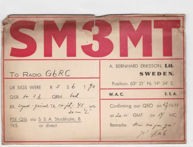 Vintage QSL radio  communication card sweden 1938 ref r8521