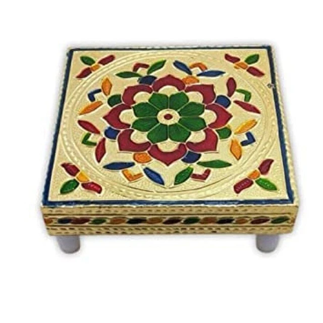 Indian Traditional Wooden Silver Minakari Peacock Desing Pooja Chowki