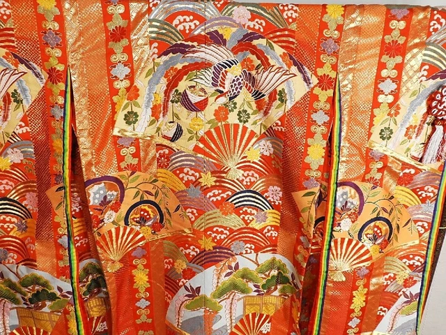 Japanese Kimono Uchikake Luxurious Wedding Embroidery Pure Silk Orange K486 2