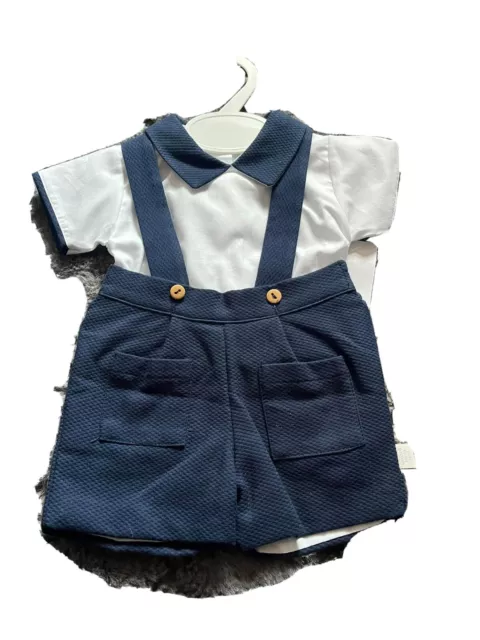 Baby Boy Spanish Romany Style Romper Suit Smocked Babygrow Blue White Outfit NEW