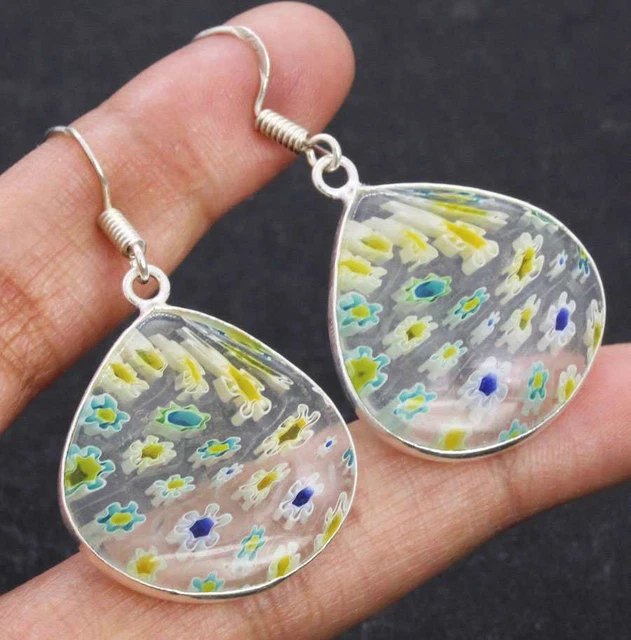 Dichroic Glass 925 Silver Plated Handmade Earrings of 1.5" Ethnic Gift