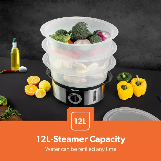 Geepas Food Steamer 12L Electric 3 Tier Cooker Vegetable Fish Stainless Steel 2