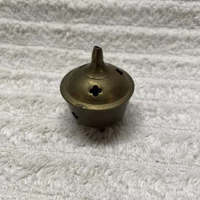 Vintage Small Brass Incense Burner Holder w/ Lid Decorative Made In India