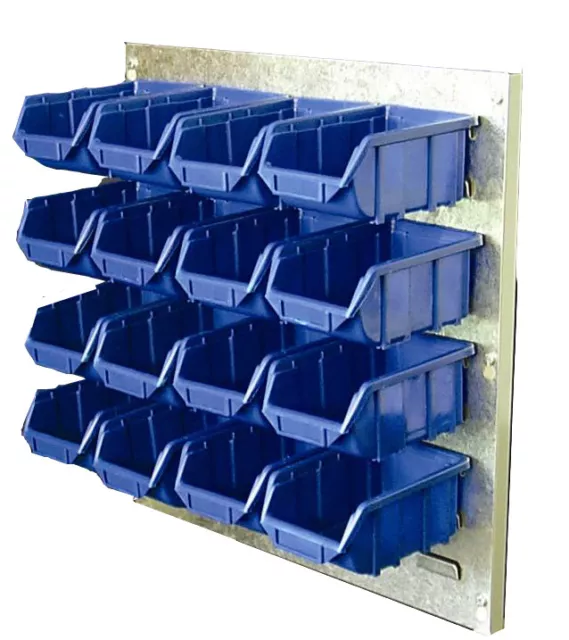 Wall Kit with 16 Plastic Parts Bins + Steel Louvre Panel Backplate 500x500mm