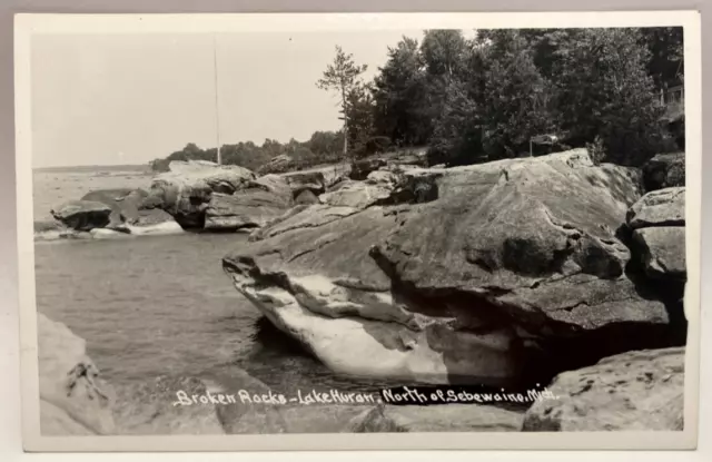 RPPC Broken Rocks, Lake Huron, North of Sebewaine, Michigan MI Vintage Postcard