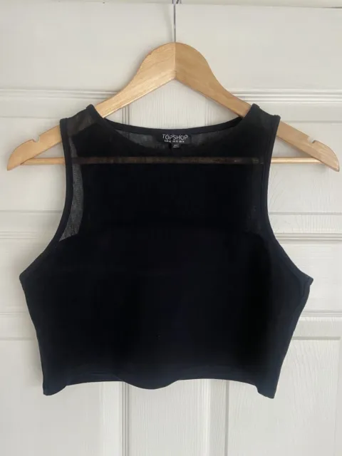 Ladies Topshop Black Jersey/mesh Cropped Sleeveless Top Size 10-12