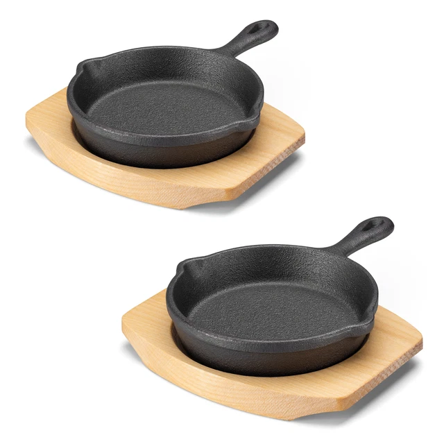 2x Mini sartén de hierro fundido para huevos tortillas con base de madera