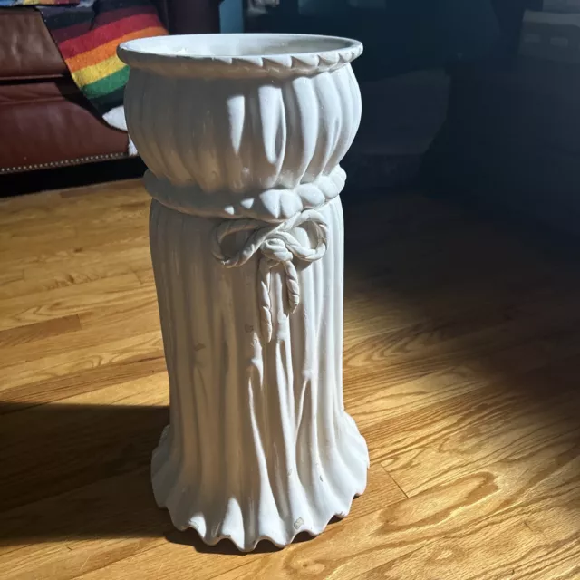 VTG ANTIQUE White Tall Umbrella Holder / Stand Made In Spain Curtain Tied W Rope
