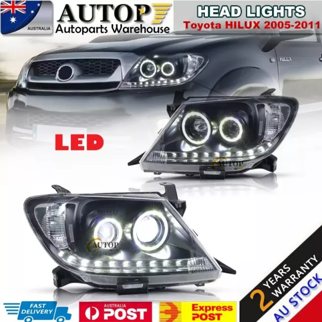 LED Head Lights Black DRL HALO Projector Angel Eyes For Toyota HILUX 2005-2011