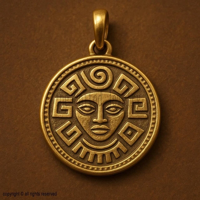 Broche/Pendentif Vintage Argent 925 - Motif Aztèque Soleil Calendrier - 5,5 Cm
