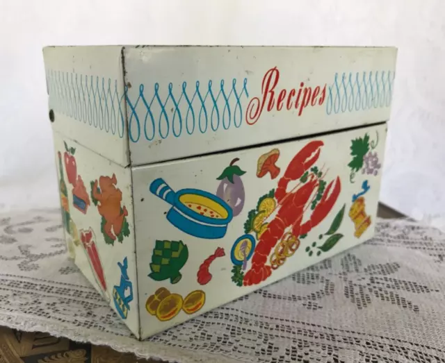 Vintage Ohio Art Co. Metal Recipe Box Lobster Salad Turquoise Inside Kmart Tag