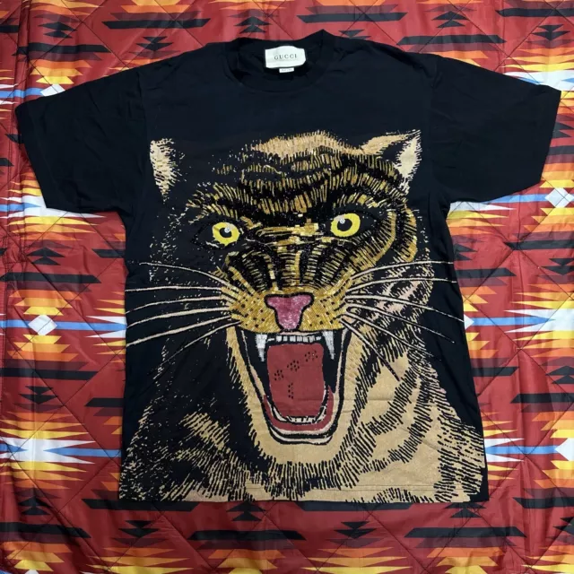 GUCCI Tiger Bedazzled Embroidered Design Sequined Black T-Shirt Men Size Medium 3