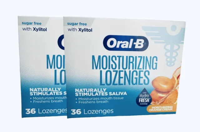 2 pastillas hidratantes Oral-B crema naranja sin azúcar 36 pastillas en cada caja