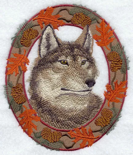 Embroidered Short-Sleeved T-Shirt - Wolf in Autumn Leaf Frame E7047