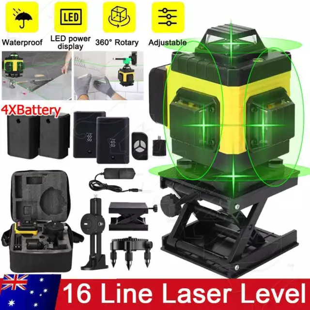 4D Laser Level 16 Line Green Auto Self-Leveling 360°Rotary Cross Measure Outdoor