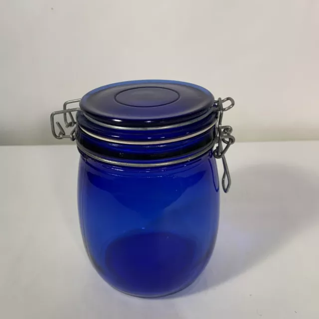 Vintage Cobalt Blue Glass Round Canister Jar With Wire Bale Hinged Lid