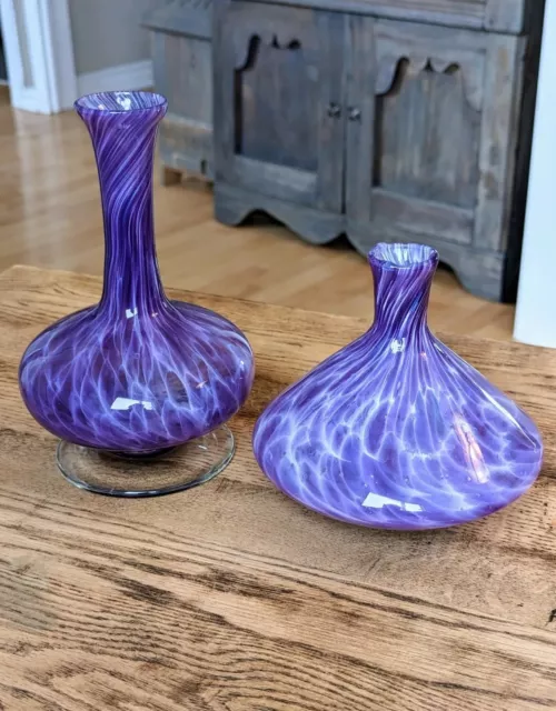 Two Beautiful Hand Blown Lavender Glass Swirl Art Glass Vessels