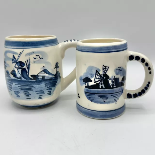 Set Of 2 Vintage Hand Painted Blue Delft Holland Windmill Steins /Mugs /cb