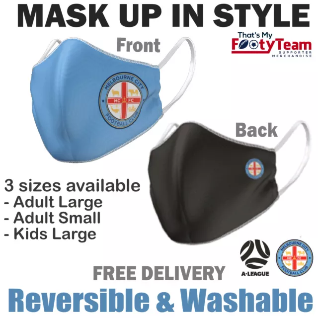 A-League Melbourne City  Face Mask Reversible Washable: 2 Sizes: Large or Small