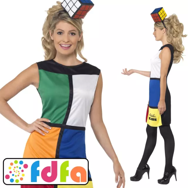 Smiffys 80's Retro Rubiks Rubix Cube Ladies Womens Adults Fancy Dress Costume