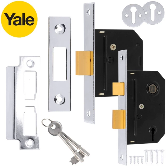 YALE Chrom SCHEIL/TOTE SCHLÖSSER 3 Hebel Holz Tür Sicherheitsriegel Fangbolzen 2 Schlüssel UK