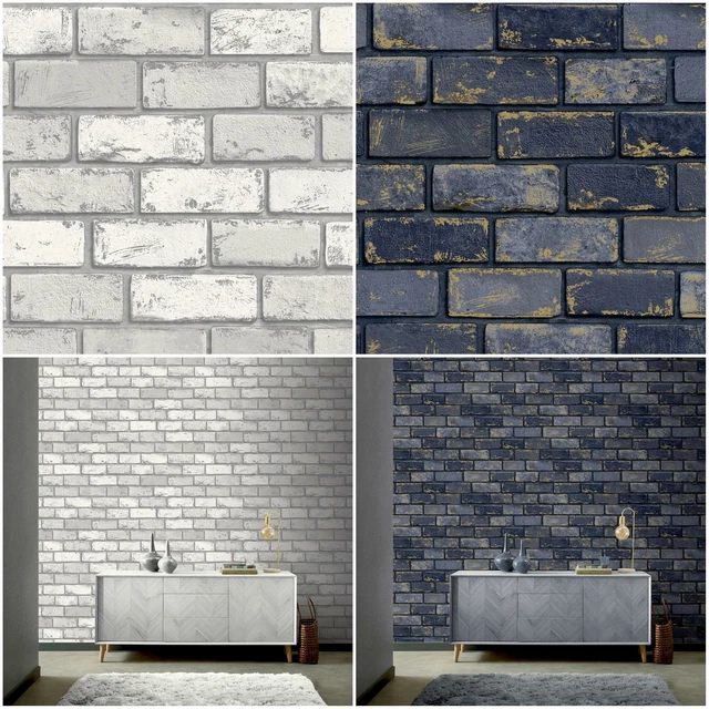 3D EFFECT METALLIC Brick Wallpaper Navy Blue Gold White Silver Stone