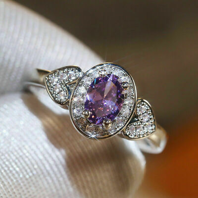 925 Silver Women Amethyst Jewelry Ring Cubic Zirconia Wedding Rings Size 6-10