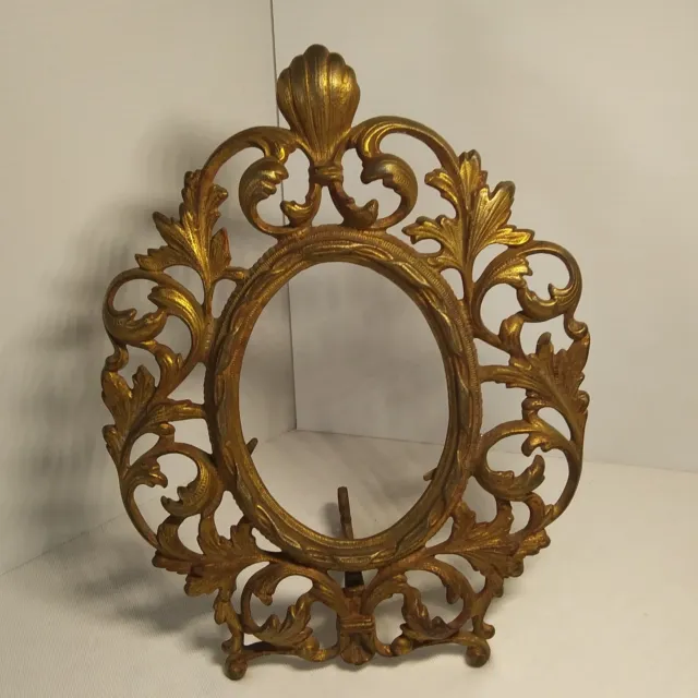 Antique Art Nouveau Gold Tone Ornate Brass Oval Easel Picture Frame #1 2235 Goth