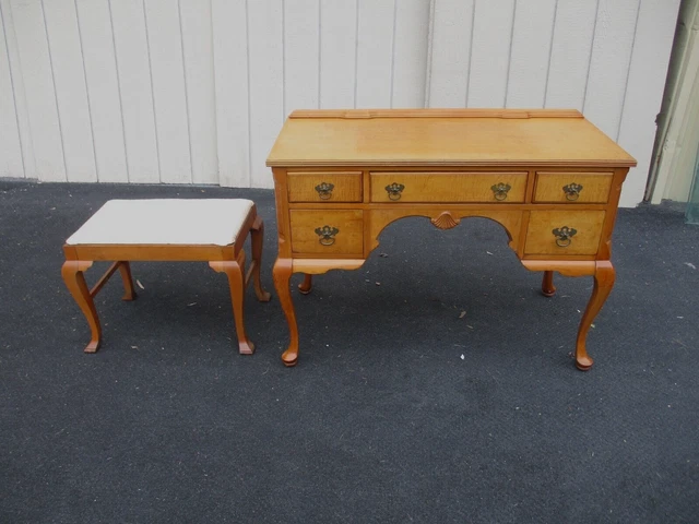 64107  Antique Maple Vanity Desk with Ottoman Stool Bench