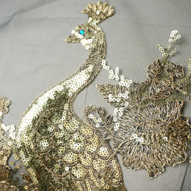 PEACOCK BIRDS APPLIQUE Gold Sequin Embroidered Lace Fabric Trimming ...
