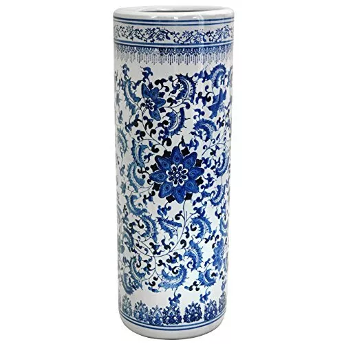 Oriental Furniture 24 Floral Blue & White Porcelain Umbrella Stand 2