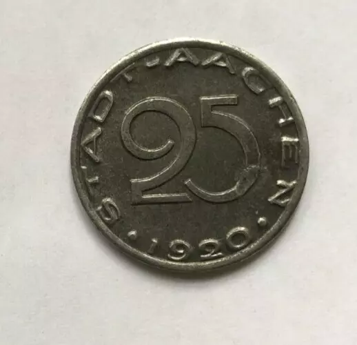 1920 Aachen Stadt (Rheinprovinz)- 25 Pfennig Notgeld Iron Coin Funck# 1.10a