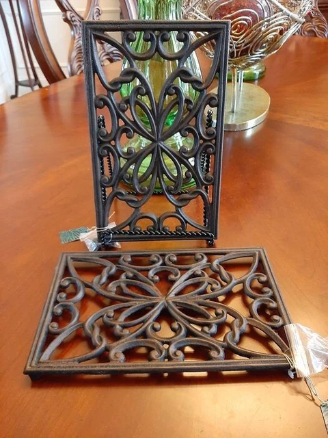 Two Beautiful Decorative Cast Iron metal Hot Pot Holders Heavy Duty 6.5 x 10 Set