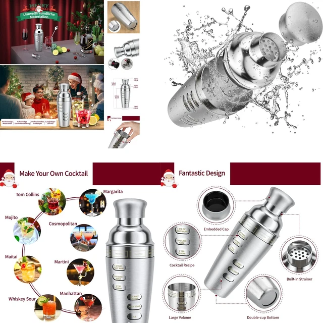 Cocktail Shaker, 700ml Edelstahl Mixer Bar Sieb Drehbar Rezepte NAGELNEU