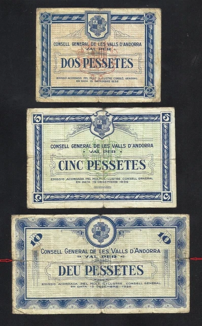 ANDORRA Set 2, 5 + 10 Pesetas 1936 Picks. 2, 3, 4 aFine / Fine