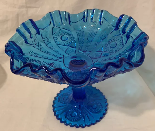 Lovely Vintage Imperial Glass Blue 6.5” Daisy & Button Ruffled Pedestal Compote