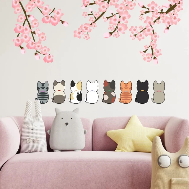 Cute Cat Wall Stickers Peel and Stick Cherry Blossom Wall Decals Kawaii Animal