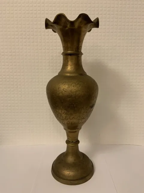 Large Vintage Brass Flower Vase with Fluted Top and Engraved Design