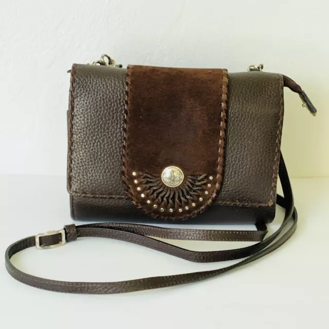 BRIGHTON Handbag Western Suede Brown Organizer Crossbody Purse Clutch Small
