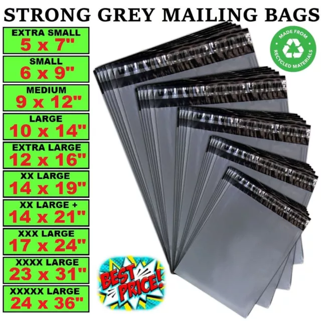 Grey Mailing Postage Bags Mixed Sizes Large Strong Poly Self Seal Plastic Postal