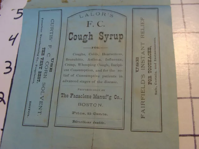 Orig. Vintage Label: LALOR'S F.C. Cough Syrup--The Fazaclene Manuf. co. BOSTON 3