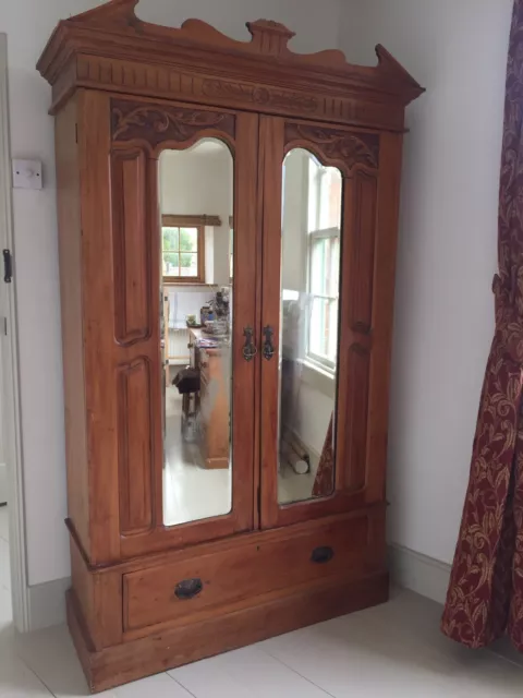 Art Nouveau Wardrobe Carved Satinwood, Silvered Double Mirrors. 1900,s Antique