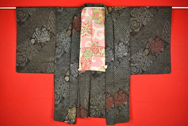 Vintage Japanese Kimono Silk Antique BORO Black HAORI Kusakizome Woven/B667/725