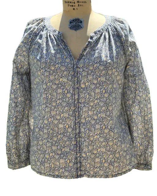 Gap Peasant Blouse Floral Blue Yellow  Split Neck Pullover Cotton Top Medium