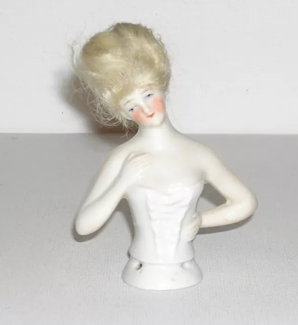 Lovely 3.25" Vintage Porcelain Pin Cushion Half Doll Blonde Wig Blue Eyes, AS IS